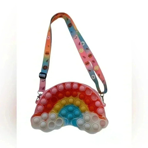 NWOT Silicone Round Pop It Rainbow Shoulder Bag Girls Fidget Toy Unicorn - Picture 1 of 2